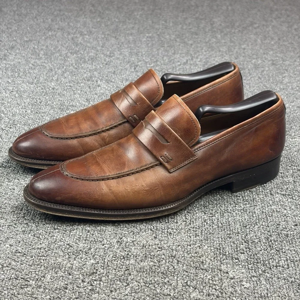 Magnanni Brown Leather Penny Loafers Mens 7 Spain Burnished Apron Toe Dress Shoe